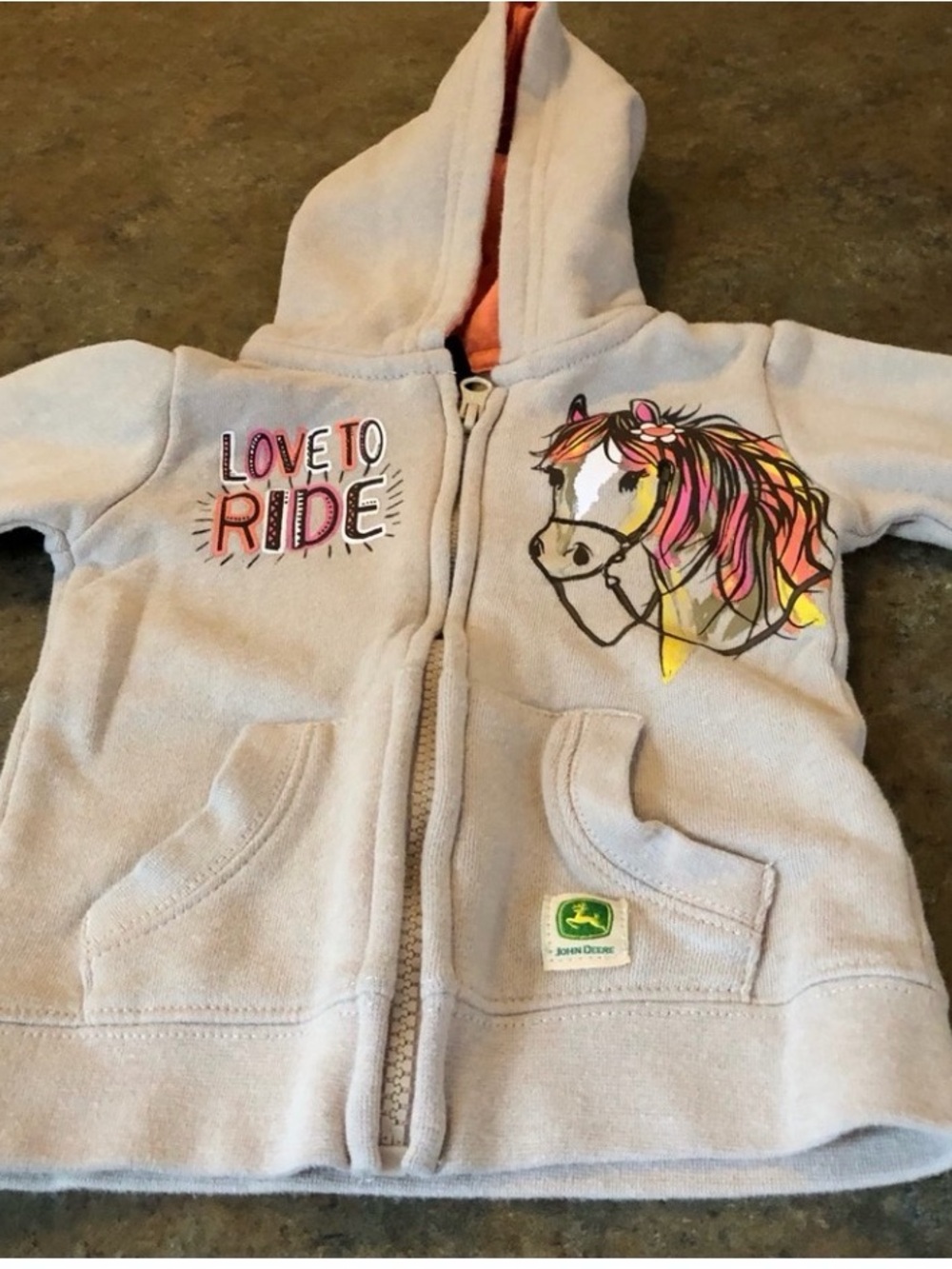 John Deere Cream Girls' Hoodie with Horse Graphic  size 18M